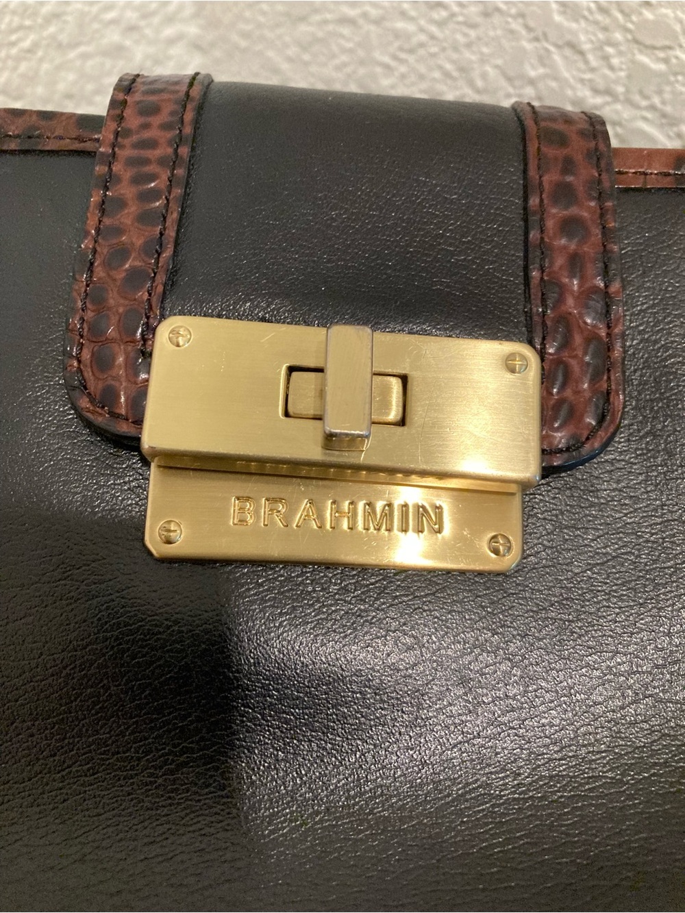 Brahmin Black Leather Crossbody with Brown Croc-Trim - Picture 9 of 12
